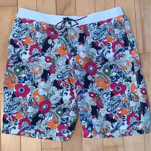 Tommy Hilfiger Board Shorts Swim Trunks Mens XL Blue Groovy Floral White Orange